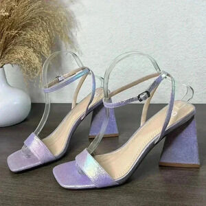 BP Lula Ankle Strap Block Heel Sandal Silver Holographic
